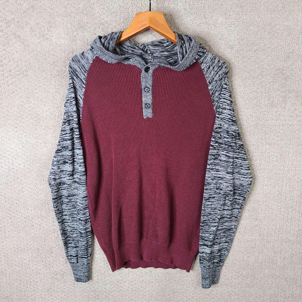 Carbon Sweater Mens Small Red Maroon Gray Space Dye Knit Henley Hoodie Cotton